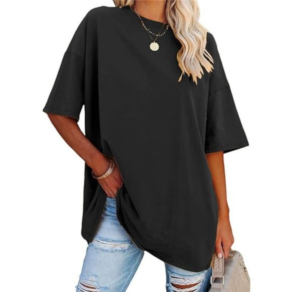 Oversized T Shirts Short Sleeve Loose Fit Crewneck Plain Tunic Tops For Women - Picture 6 of 7